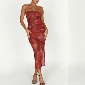 Meshki Aphrodite Strapless Mesh Dress Red Rose Floral Print Midi Bodycon Size M